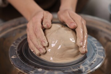 Hobby and craft. Woman making pottery indoors, closeup