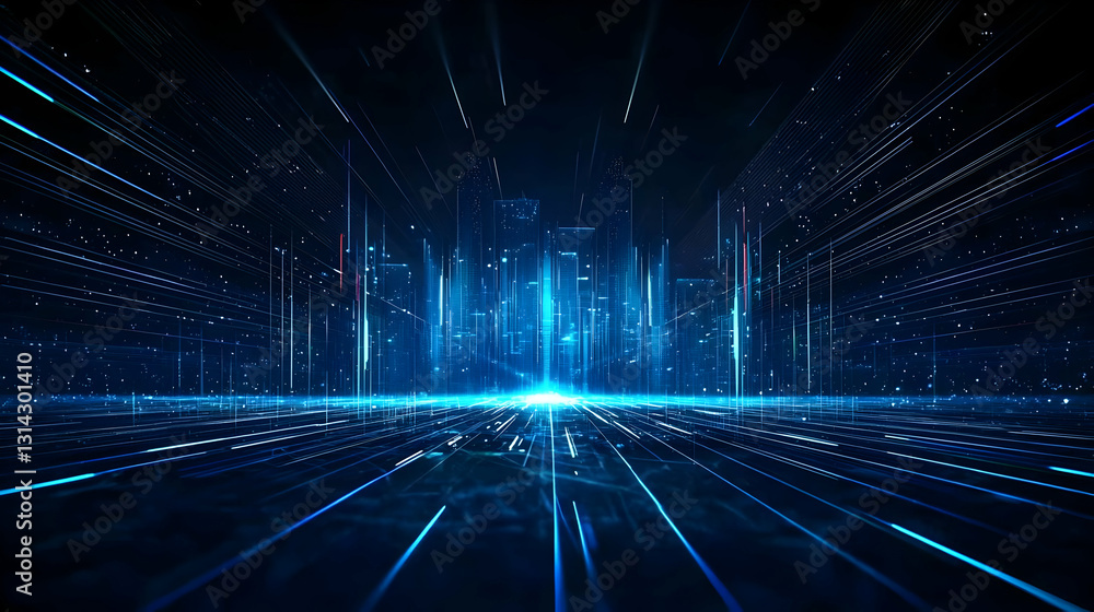 Poster futuristic blue digital cityscape with data streams and glowing lights in dark background