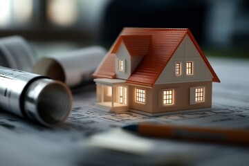 Miniature house model on blueprints with construction tools, evoking design and architecture themes