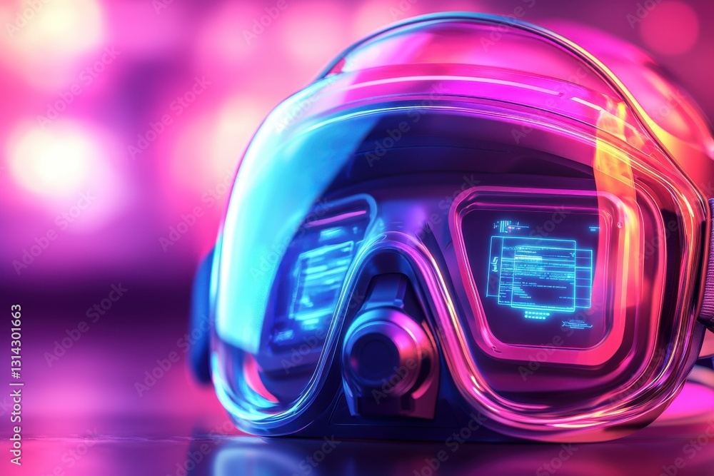 Poster a futuristic augmented reality headset displaying data streams against a vibrant purple and blue bac