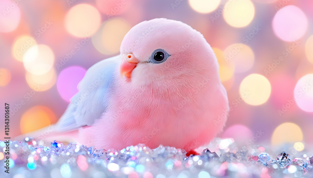 Poster pink bird posing on sparkly surface, soft colorful bokeh background
