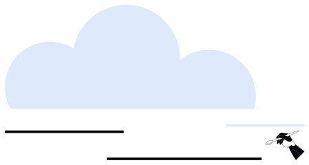 Hand with a pen writing on paper under a light blue cloud, emphasizing creation, design, and imagination. Ideal for innovation, cloud computing, education, teamwork, goals strategy flat simple