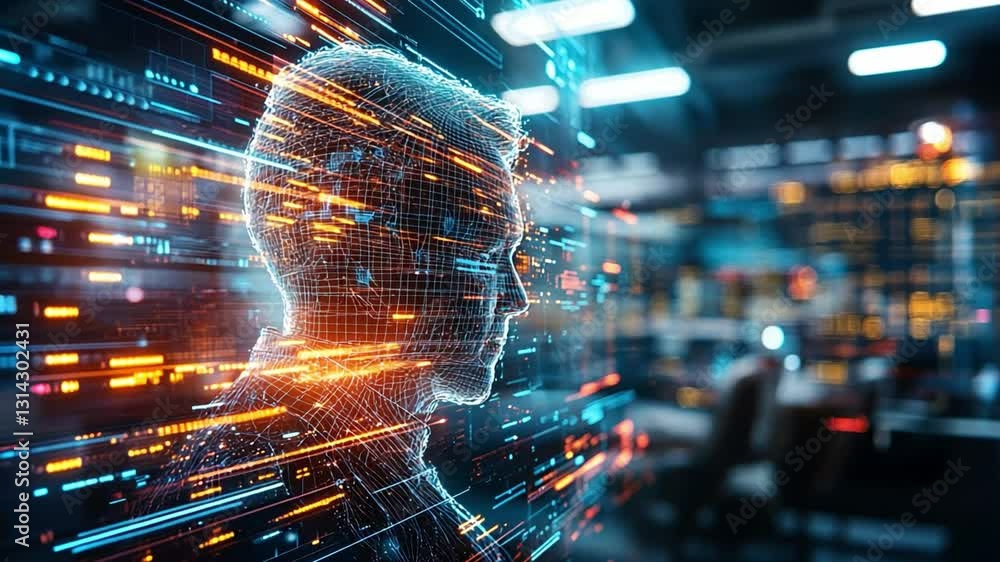 Poster creating a futuristic 4k animated visual of a digital human in a tech-filled environment