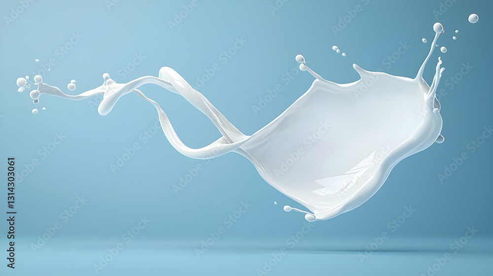 Poster dynamic splash of white milk against a soft blue backdrop in a studio setting