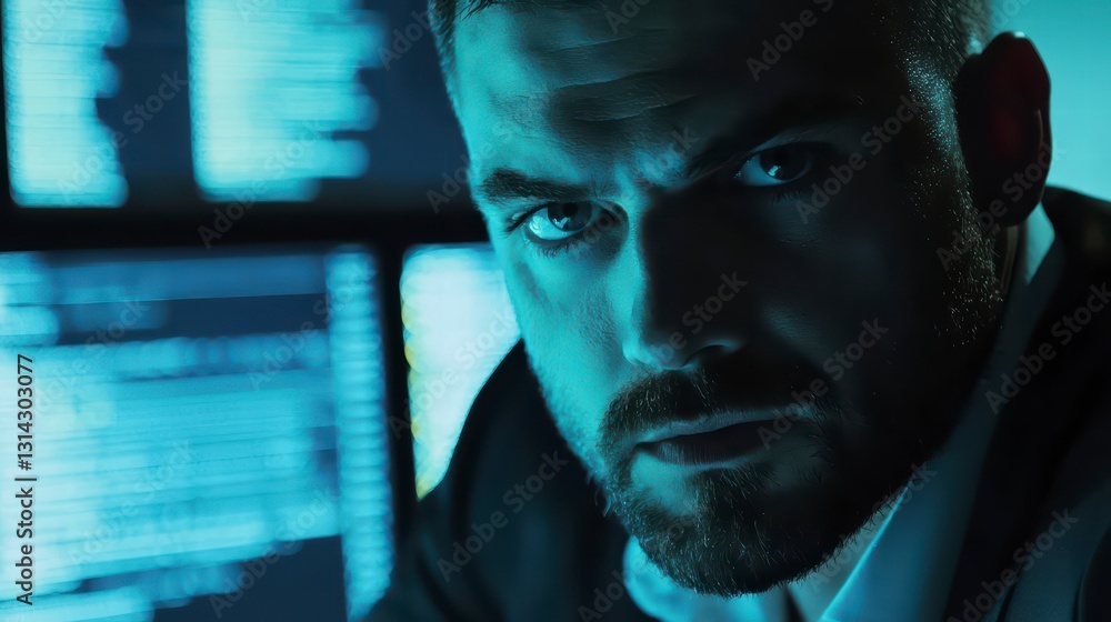 Poster cybersecurity specialist: a determined cybersecurity expert intensely focuses on multiple computer s