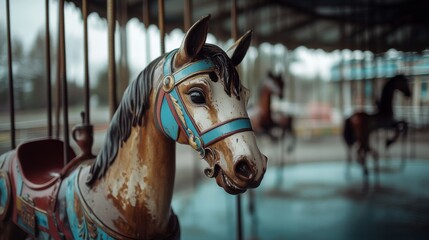 Fototapeta premium The weathered face of a carousel horse stands poised in quiet nostalgia, symbolizing playful memories in a deserted fairground setting.