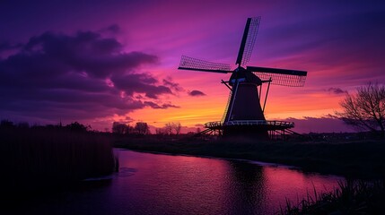 Silhouette of a windmill at sunset reflected in a canal.