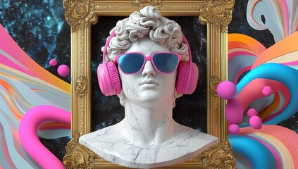 Cosmic DJ Bust with Headphones and Sunglasses in Colorful Pop Art Aesthetic