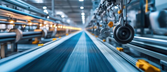 Smart textile factory with automated weaving machines producing complex fabrics, efficiency and precision in modern industry