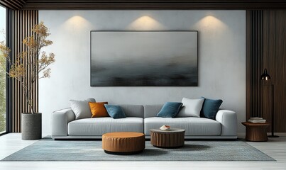 Modern minimalist living room with gray sofa abstract decor warm natural lighting Scandinavian design