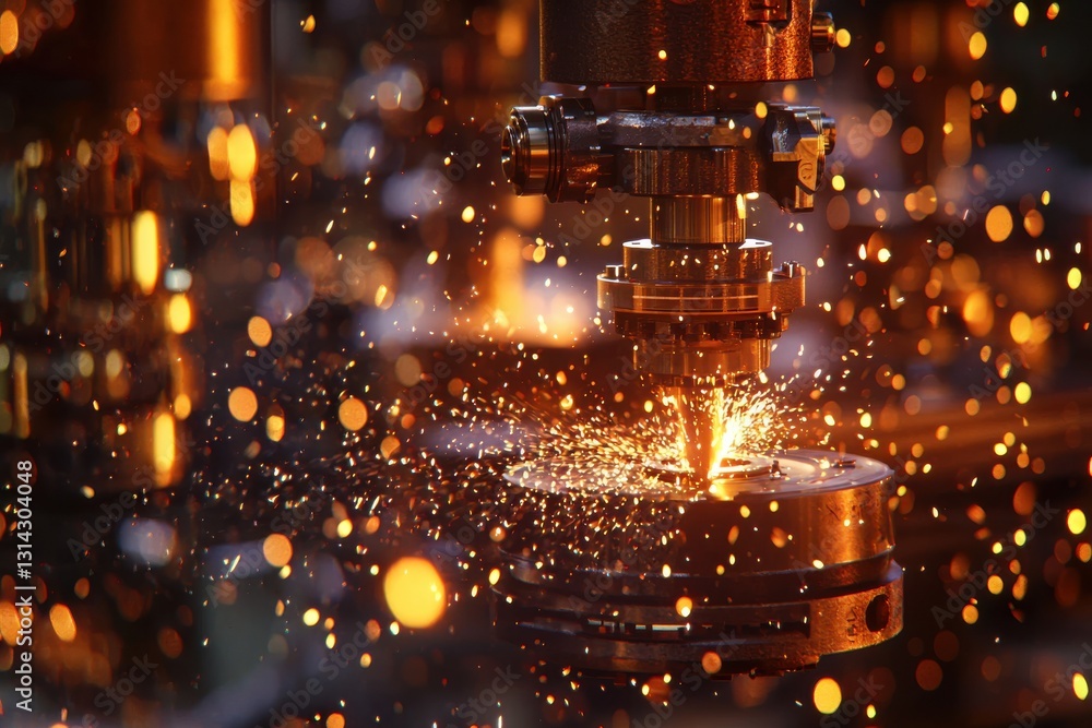 Poster metalworking machine operating with precision, creating sparks and grinding material, highlighting t