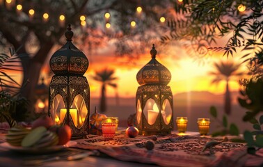 Fototapeta premium A stunning Ramadan background with illuminated lanterns, golden candlelight, and an outdoor table overlooking a city skyline at sunset