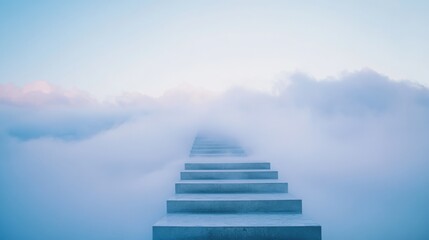 A vast staircase appears to float among the clouds, beckoning a journey towards infinite possibilities. Soft light casts shadows, enhancing the ethereal scene.