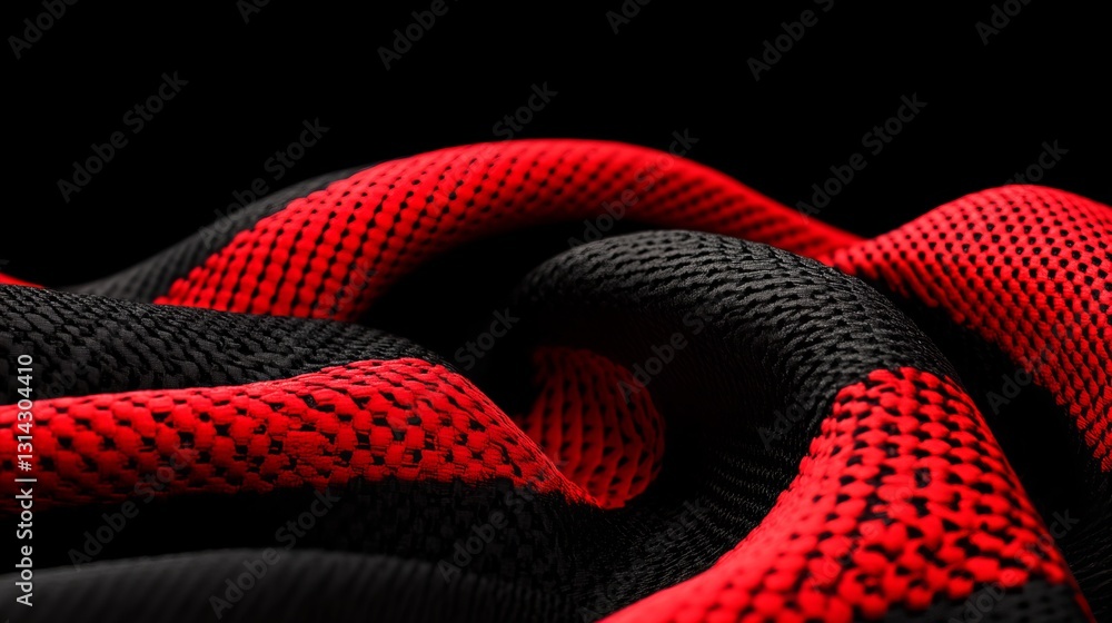 Poster close-up of textured fabric in vibrant red and black. the intricate weave creates a dynamic, almost 