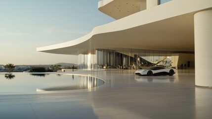 A sleek modern house with curving architecture reflects in a glassy pool, framed by a distant landscape and a futuristic car parked.