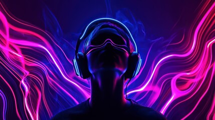 Neon Symphony: An individual is enveloped in a vibrant symphony of neon lights, wearing futuristic VR glasses and a headset, their silhouette contrasting against the dynamic backdrop.