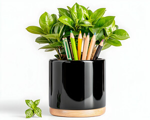 Plant and pencils in black pot on wood base. Isolated. Studio shot against white background