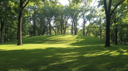 Fototapeta premium Lush green trees standing closely together on a grassy mound, creating a serene and vibrant natural landscape, bathed in soft sunlight