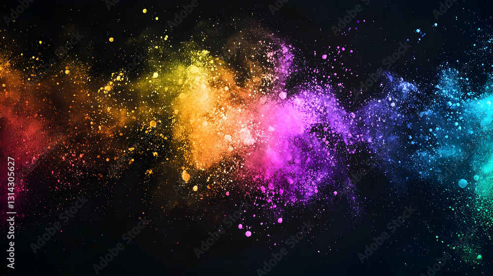 Poster vivid rainbow colored powder explosion on a black background with fine particles creating a dynamic 
