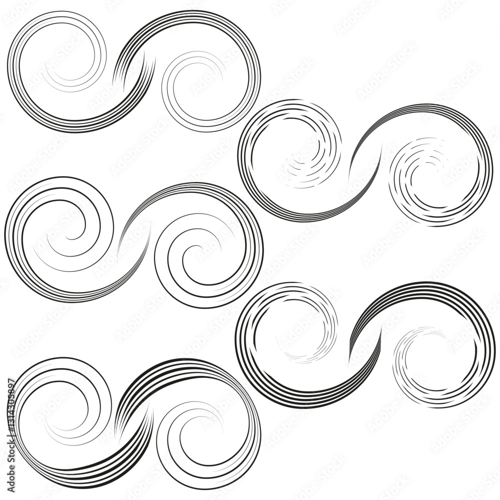 Poster abstract spirals set. dynamic vector shapes. black artistic curves. bold fluid design.