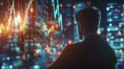 Financial Analyst's Skyline: A contemplative figure, a financial analyst, gazes upon the cityscape, a digital reflection of the market. The scene is bathed in the warm hues of opportunity.