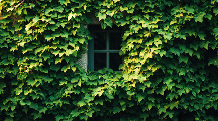 Window framed by lush green ivy on brick building