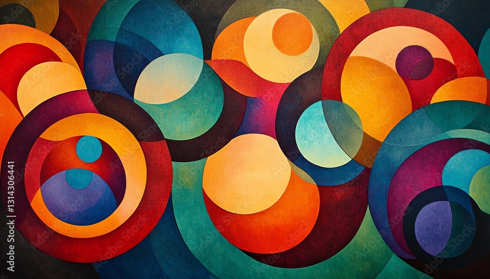 Poster A bold, colorful abstract composition of circles interconnected by lines, creating a visually striking pattern with a sense of fluidity and energy