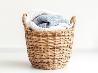 Obraz premium Wicker laundry basket filled with folded clothes