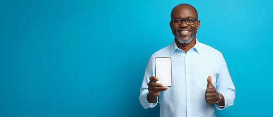 senior, elegant african man holding a mobile phone with white blank screen and making ok gesture isolated over blue background; concept of older people and tech interaction; copy space
