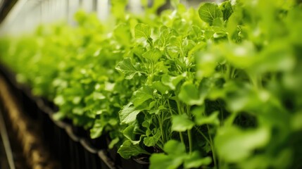 Lush green seedlings, vibrant hues in hydroponic garden setting detail view