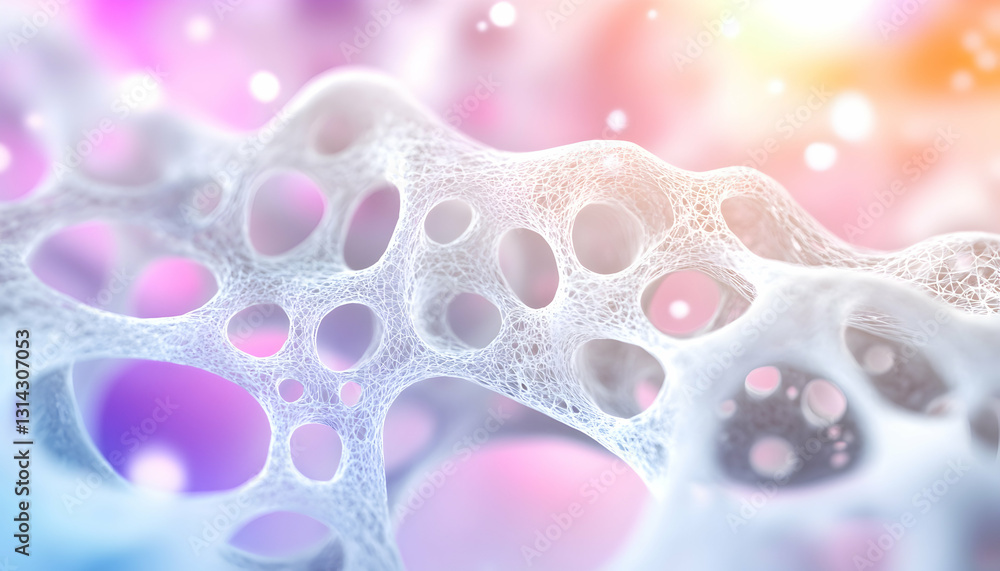 Poster porous material macro view with blurred colorful background and bokeh effect