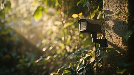 Surveillance Camera Blends with Nature in a Sunlit Garden Amidst Lush Foliage and Gentle Sunbeams