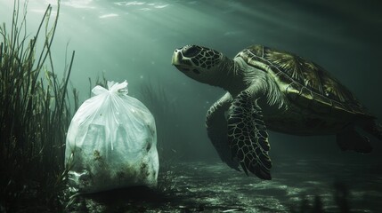 Fototapeta premium Sea turtle gracefully swims near a plastic bag in a serene underwater environment