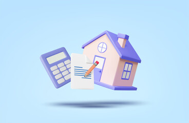 3D illustration vector render of calculator icon, contract document, pen and house. Mortgage calculation concept or home loan contract, installment payment and real estate financial agreement.
