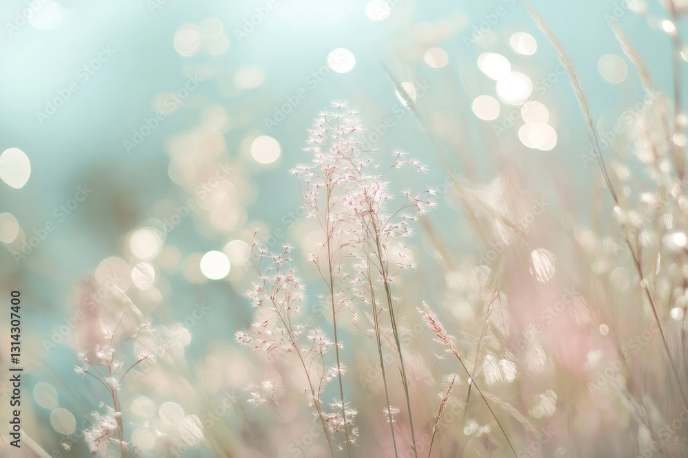 Poster soft focus on delicate grasses with a dreamy bokeh effect in pastel tones, creating a serene and eth