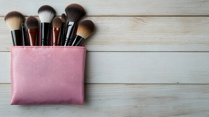 Makeup Brushes In Pink Bag On White Wooden Table