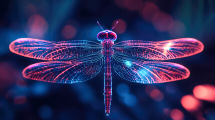 Neon dragonfly with vibrant colors and glowing wings in dark background