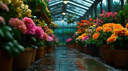 Fototapeta premium Colorful Flowers in Greenhouse During Rainy Day Blooming Hydrangeas Tulips Marigolds