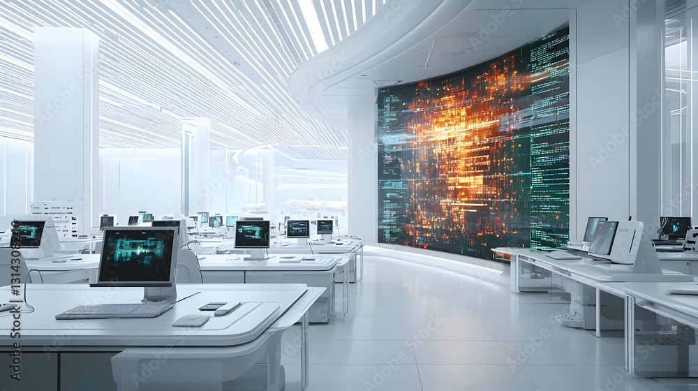 Poster futuristic white data center interior with large digital display showing orange and teal data visual
