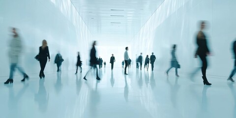 blurred crowd of business people walking in bright office lobby fast moving