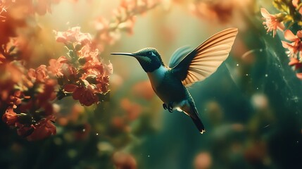 Fototapeta premium Hummingbird in flight, hovering near blooming flowers in a garden, sunlight shining through petals.