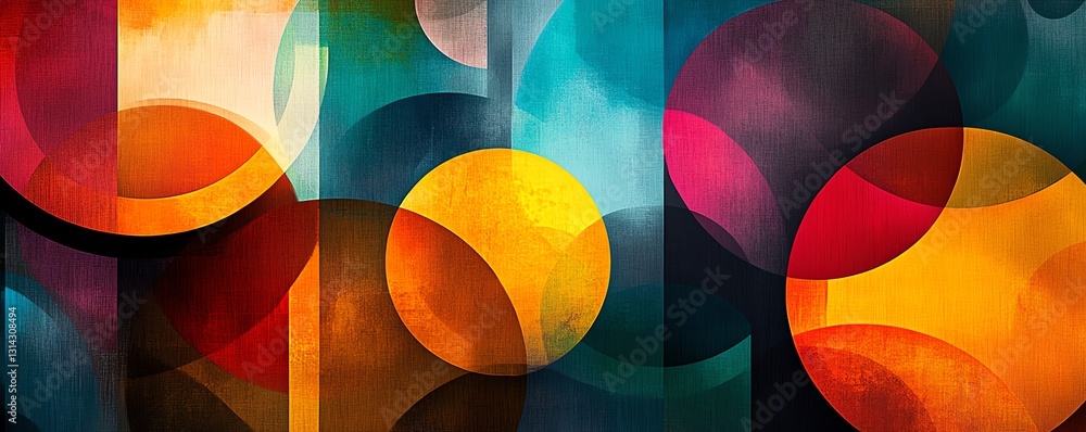Poster A colorful abstract composition of various circles and lines, interwoven to create a visually engaging and energetic pattern
