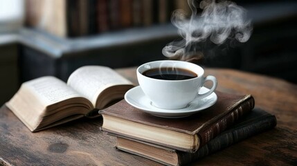 A steaming cup of coffee rests on a book, inviting a moment of warmth and introspection in a cozy, tranquil setting.