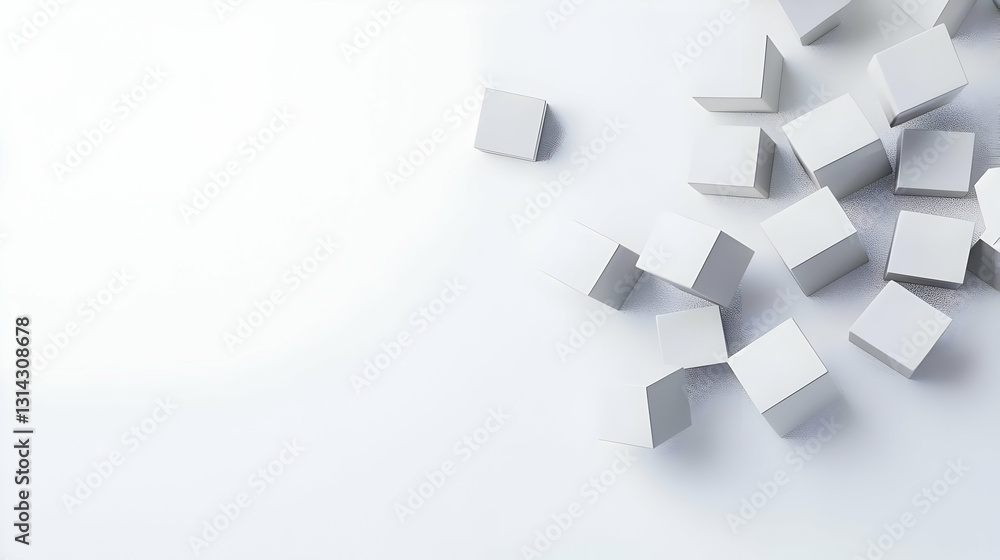 Poster abstract white cubes scattered on white background with subtle grain texture minimalist 3d render wi