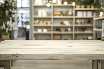 Empty wooden table on defocused blurred shelves in warehouse background