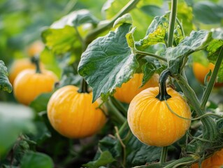 Vibrant miniature pumpkins amidst lush foliage, evoking autumn harvest season