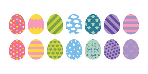Easter eggs with patterns. Drawing clipart set. Happy easter eggs. Multicolored symbols for traditional celebration. Vector illustration, oval shape. Clouds, dots, stars, stripes, bows. Decoration art