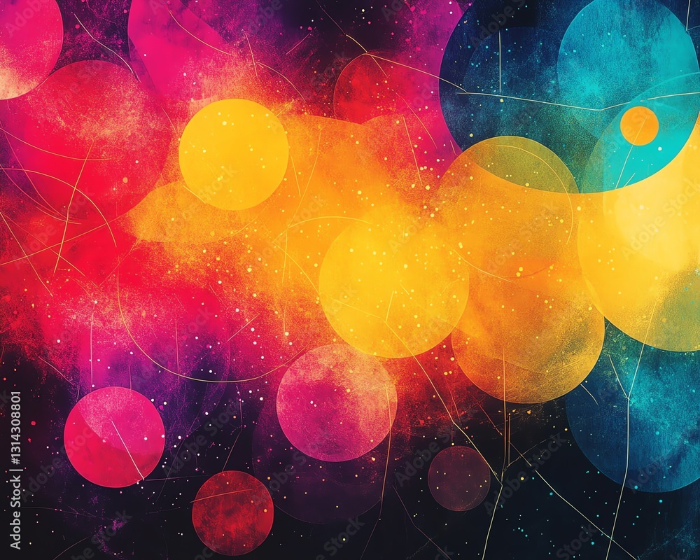 Poster A colorful abstract design with various circles connected by lines, creating a dynamic and visually engaging pattern in vibrant hues