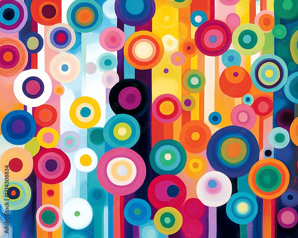 Poster A colorful abstract design with various circles connected by lines, creating a dynamic and visually engaging pattern in vibrant hues