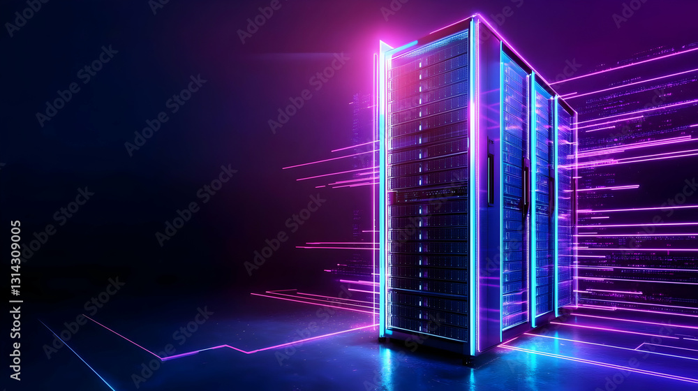 Poster modern data center with server racks glowing in dark room with futuristic blue and pink neon lights 